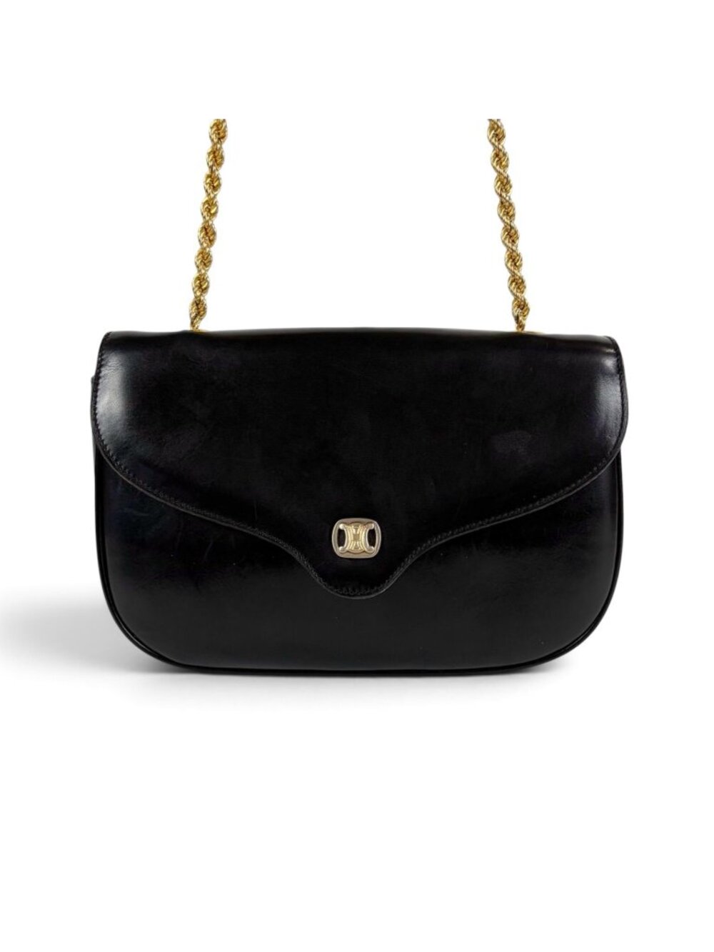 Celine Vintage Triomphe Chain Shoulder Bag Black Leather
